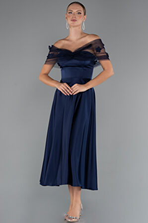 Kayık Yaka Midi Saten Davet Elbisesi ABK2431