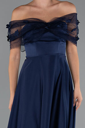 Kayık Yaka Midi Saten Davet Elbisesi ABK2431