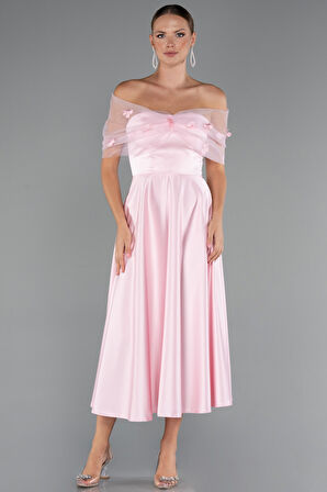 Kayık Yaka Midi Saten Davet Elbisesi ABK2431