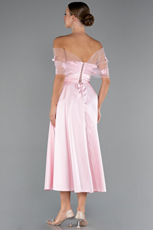 Kayık Yaka Midi Saten Davet Elbisesi ABK2431