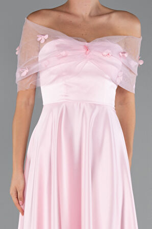 Kayık Yaka Midi Saten Davet Elbisesi ABK2431