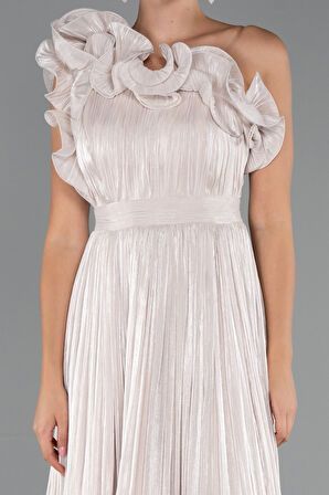 Fırfırlı Tek Omuz Midi Şifon Abiye Elbise ABK2434