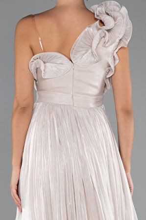 Fırfırlı Tek Omuz Midi Şifon Abiye Elbise ABK2434