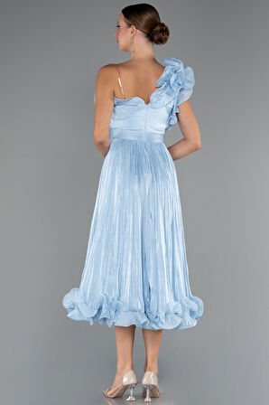 Fırfırlı Tek Omuz Midi Şifon Abiye Elbise ABK2434