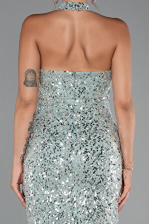 Halter Yaka Midi Taşlı Abiye Elbise ABK2437