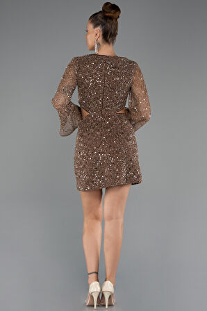 Uzun Kol Cut Out Pullu Mini Gece Elbisesi ABK2438