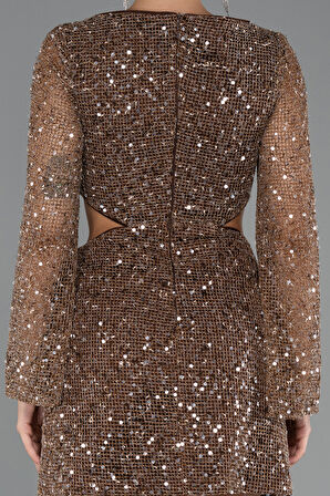 Uzun Kol Cut Out Pullu Mini Gece Elbisesi ABK2438