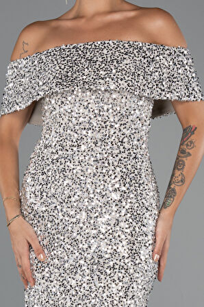 Kayık Yaka Midi Pul Payet Gece Elbisesi ABK2440