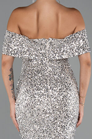 Kayık Yaka Midi Pul Payet Gece Elbisesi ABK2440