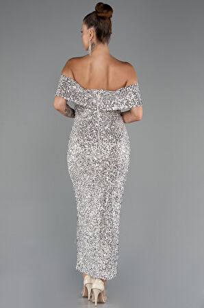 Kayık Yaka Midi Pul Payet Gece Elbisesi ABK2440