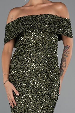 Kayık Yaka Midi Pul Payet Gece Elbisesi ABK2440