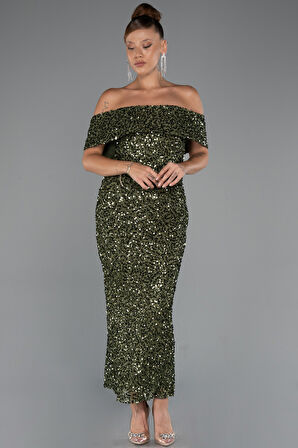 Kayık Yaka Midi Pul Payet Gece Elbisesi ABK2440