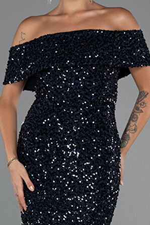 Kayık Yaka Midi Pul Payet Gece Elbisesi ABK2440