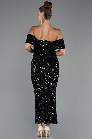 Kayık Yaka Midi Pul Payet Gece Elbisesi ABK2440