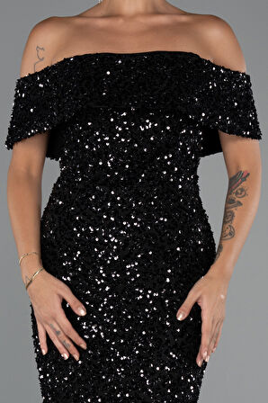 Kayık Yaka Midi Pul Payet Gece Elbisesi ABK2440