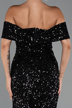 Kayık Yaka Midi Pul Payet Gece Elbisesi ABK2440