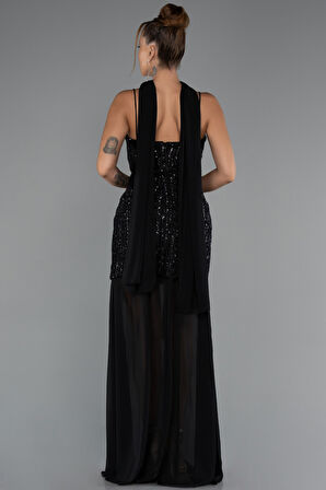 Askılı Kısa Boncuklu Uzun Şifon Aksesuarlı Abiye ABK2443