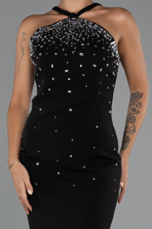 Halter Yaka Kısa Taşlı Davet Elbisesi ABK2444