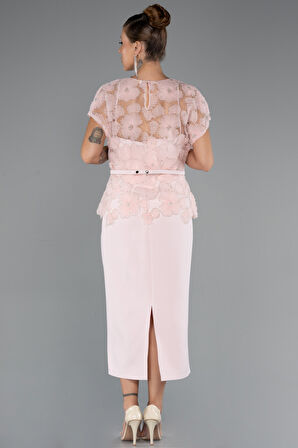 Kısa Kol Desenli Midi Dantel Büyük Beden Abiye ABK2448