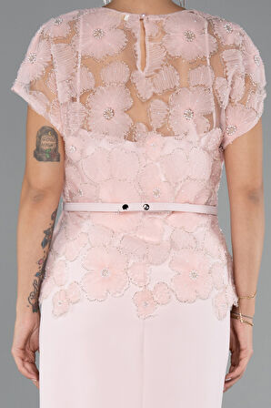 Kısa Kol Desenli Midi Dantel Büyük Beden Abiye ABK2448