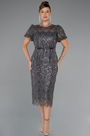 Kısa Kol Midi Boncuklu Büyük Beden Abiye ABK2449