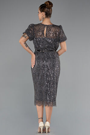 Kısa Kol Midi Boncuklu Büyük Beden Abiye ABK2449