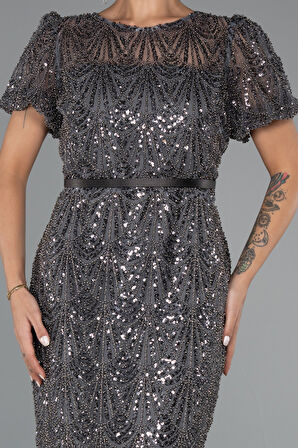 Kısa Kol Midi Boncuklu Büyük Beden Abiye ABK2449