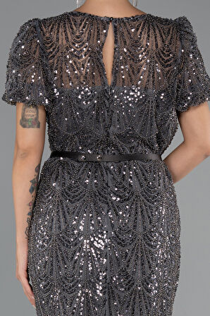 Kısa Kol Midi Boncuklu Büyük Beden Abiye ABK2449