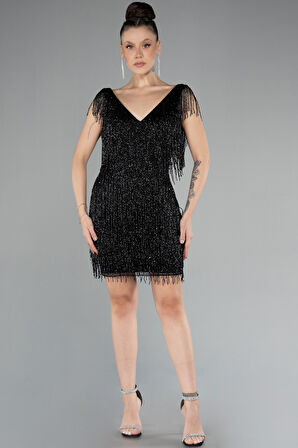 V Yaka Püsküllü Boncuk İşleme Mini Abiye Elbise ABK2465