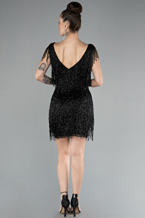 V Yaka Püsküllü Boncuk İşleme Mini Abiye Elbise ABK2465