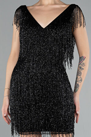 V Yaka Püsküllü Boncuk İşleme Mini Abiye Elbise ABK2465