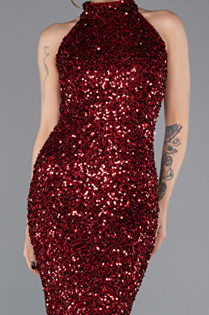 Halter Yaka Midi Pul Payet Abiye Elbise ABK2474