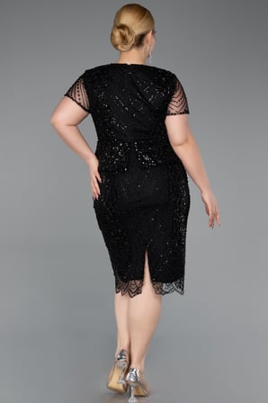 Kısa Kol Boncuklu Peplum Büyük Beden Abiye Elbise ABK2584