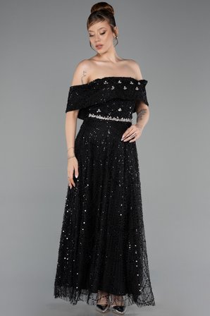 Taşlı Kayık Yaka Midi Boncuklu Gece Elbisesi ABK2639