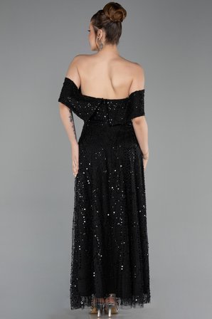 Taşlı Kayık Yaka Midi Boncuklu Gece Elbisesi ABK2639