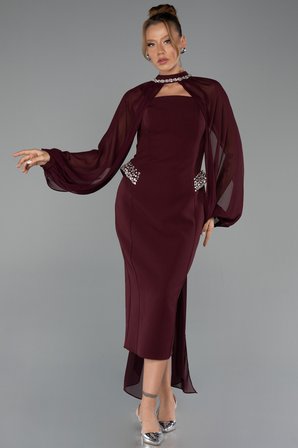 Straplez Uzun Kol Pelerinli Midi Gece Elbisesi ABK2664