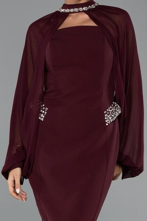 Straplez Uzun Kol Pelerinli Midi Gece Elbisesi ABK2664