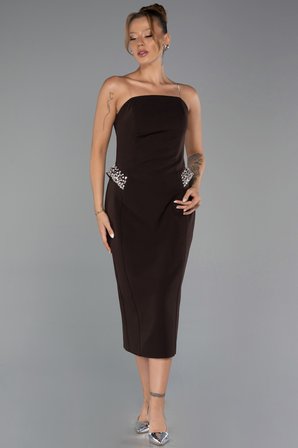 Straplez Uzun Kol Pelerinli Midi Gece Elbisesi ABK2664