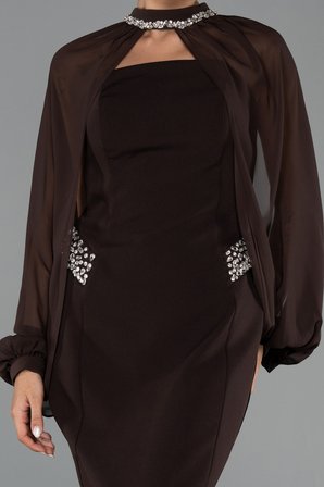 Straplez Uzun Kol Pelerinli Midi Gece Elbisesi ABK2664