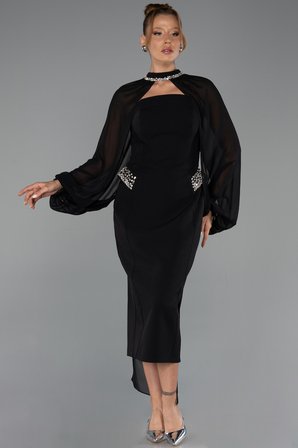 Straplez Uzun Kol Pelerinli Midi Gece Elbisesi ABK2664