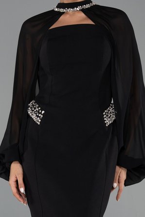 Straplez Uzun Kol Pelerinli Midi Gece Elbisesi ABK2664