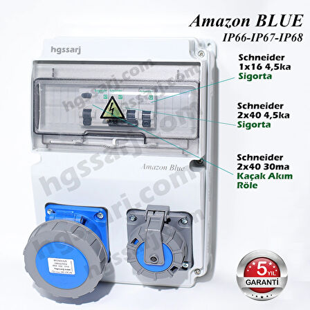 Amazon BLUE, IP66-IP67-IP68, Monofaze Elektrikli Araç Kombinasyon Kutusu, Tesla Blue Adaptöre Uyumlu, 3x32A + 1x16A - Sigorta Markası Seçeneği - 5 Yıl Garanti