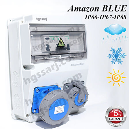 Amazon BLUE, IP66-IP67-IP68, Monofaze Elektrikli Araç Kombinasyon Kutusu, Tesla Blue Adaptöre Uyumlu, 3x32A + 1x16A - Sigorta Markası Seçeneği - 5 Yıl Garanti