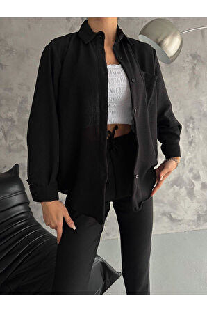Kadın Siyah Oversize Keten Gömlek Ve Pantolon Ikili Takım Yeni Sezon Keten Alt Üst Takım