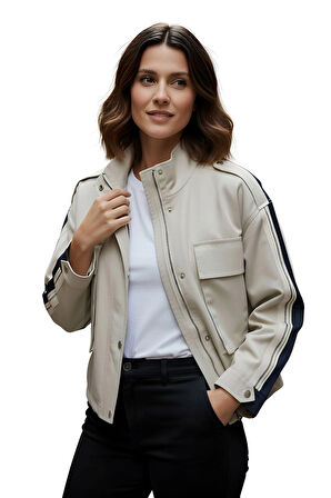 Kadın Denim Detaylı Cepli Fermuarlı Ceket/Mont