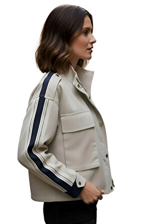 Kadın Denim Detaylı Cepli Fermuarlı Ceket/Mont