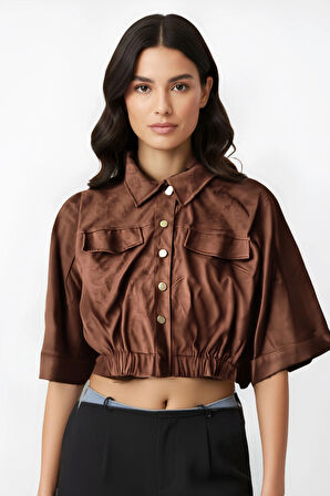 Süet Çıtçıtlı Cepli Polo Yaka Truvakar Kol Detaylı Crop Bomber Ceket