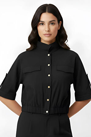 Süet Çıtçıtlı Cepli Polo Yaka Truvakar Kol Detaylı Crop Bomber Ceket