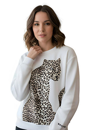Sweatshirt Şardonlu Kaplan Leopar Baskılı Basic Uzun Kollu Ribanalı Yuvarlak Yaka Sweat