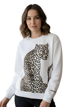Sweatshirt Şardonlu Kaplan Leopar Baskılı Basic Uzun Kollu Ribanalı Yuvarlak Yaka Sweat